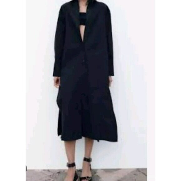 Zara STUNNING SHIRT MIDI NAVY BLUE VOLUMINOUS POPLIN DRESS sz S 2761/545 - Picture 1 of 13